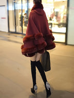 Cardigan com Capuz Estilo Cape Forrado em Pele Sintética para Mulheres - Casaco Grande e Aberto de Pelúcia Borgonha para Clima Frio, Elegância Inspirada no Oriente Médio, Somente Limpeza a Seco, Casacos de Inverno Femininos, Vestuário para Tempo Friíssimo, Roupa Externa Estilo Cape, Casaco de Tecido Luxuoso