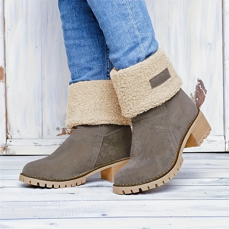 Botas de inverno para mulheres com salto grosso - Botas de cano médio com biqueira redonda e forro de lã, forro de tecido quente e sola de borracha para deslocações ao ar livre, uso casual - Tamanho grande disponível, Botas de inverno, Calçado para clima frio, Forro de interior felpudo, Calçado de tração durável, Calçado para uso diário, Forro aconchegante, Usuários de clima quente