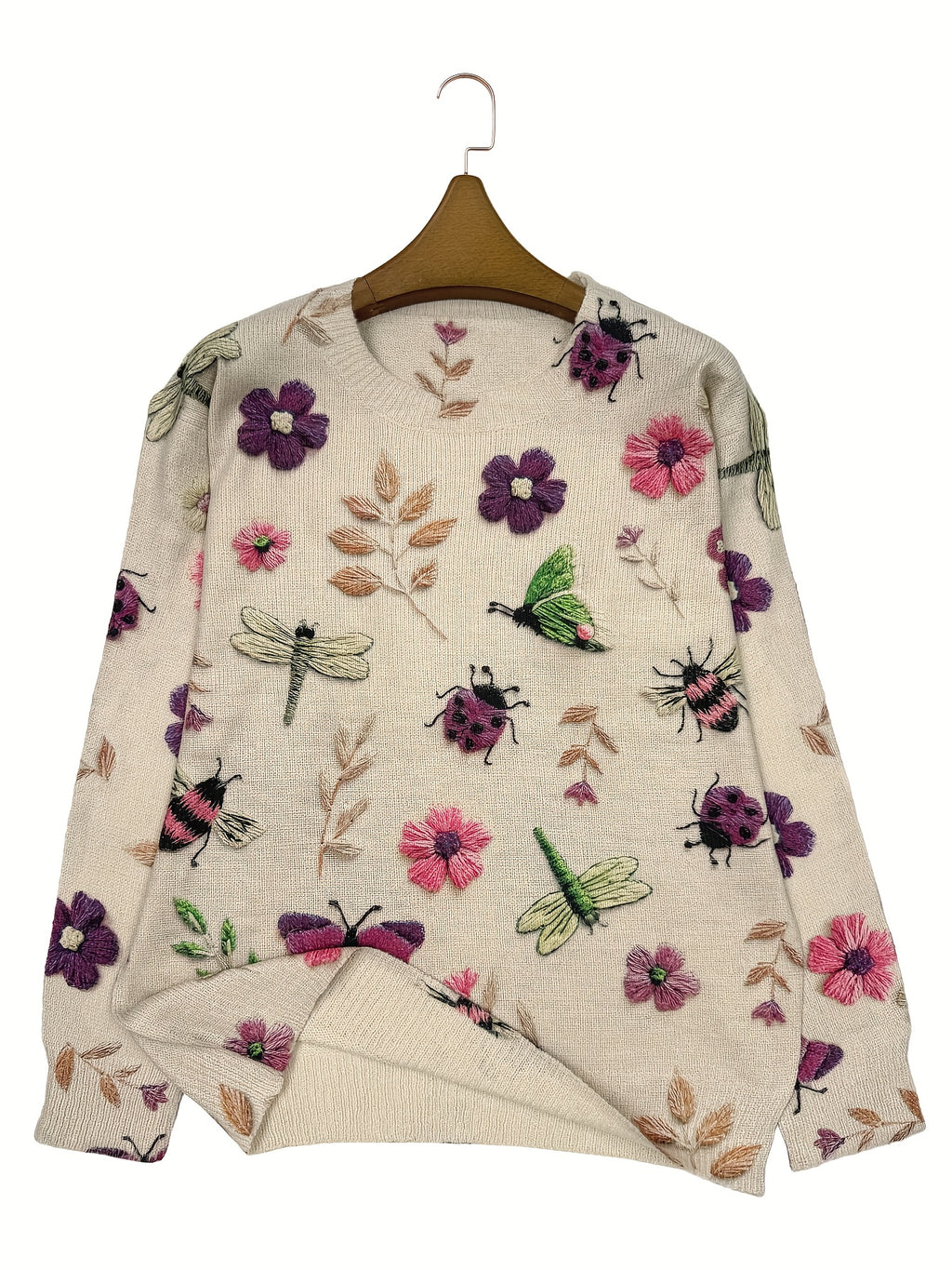 (Impressão Digital 2D) [Estampa Total] [Leve] [Suéter] Suéter de Malha Leve com Estampa Completa de Insetos, Gola Redonda Casual e Manga Longa, Moda Feminina