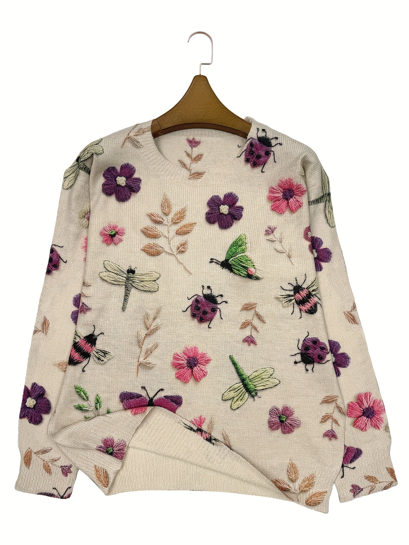 (Impressão Digital 2D) [Estampa Total] [Leve] [Suéter] Suéter de Malha Leve com Estampa Completa de Insetos, Gola Redonda Casual e Manga Longa, Moda Feminina