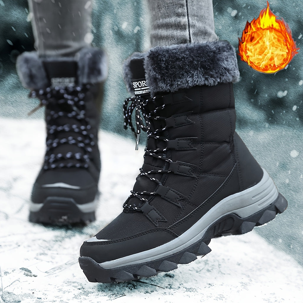 Botas de Inverno para Mulheres - Botas de Cano Médio com Forro de Lã Bege Claro, Acabamento de Pelúcia Faux Fur, Sola Grossa de TPR e Design de Atacadores para Esportes ao Ar Livre, Uso Casual - Presente Aconchegante para Mulheres, Botas de Inverno, Calçado para Atividades ao Ar Livre, Calçado de Inverno Elegante, Calçado de Inverno Durável