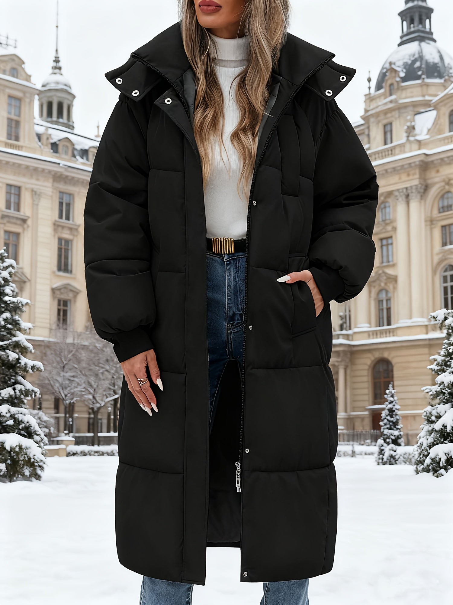 Jaqueta Puffer Feminina com Capuz para o Inverno - Casaco Impermeável com Bolsos, Acolchoado e Quente para Esqui, Snowboard e Passeios ao Ar Livre, Parka de Manga Longa até o Meio da Panturrilha (Lavagem Manual)
