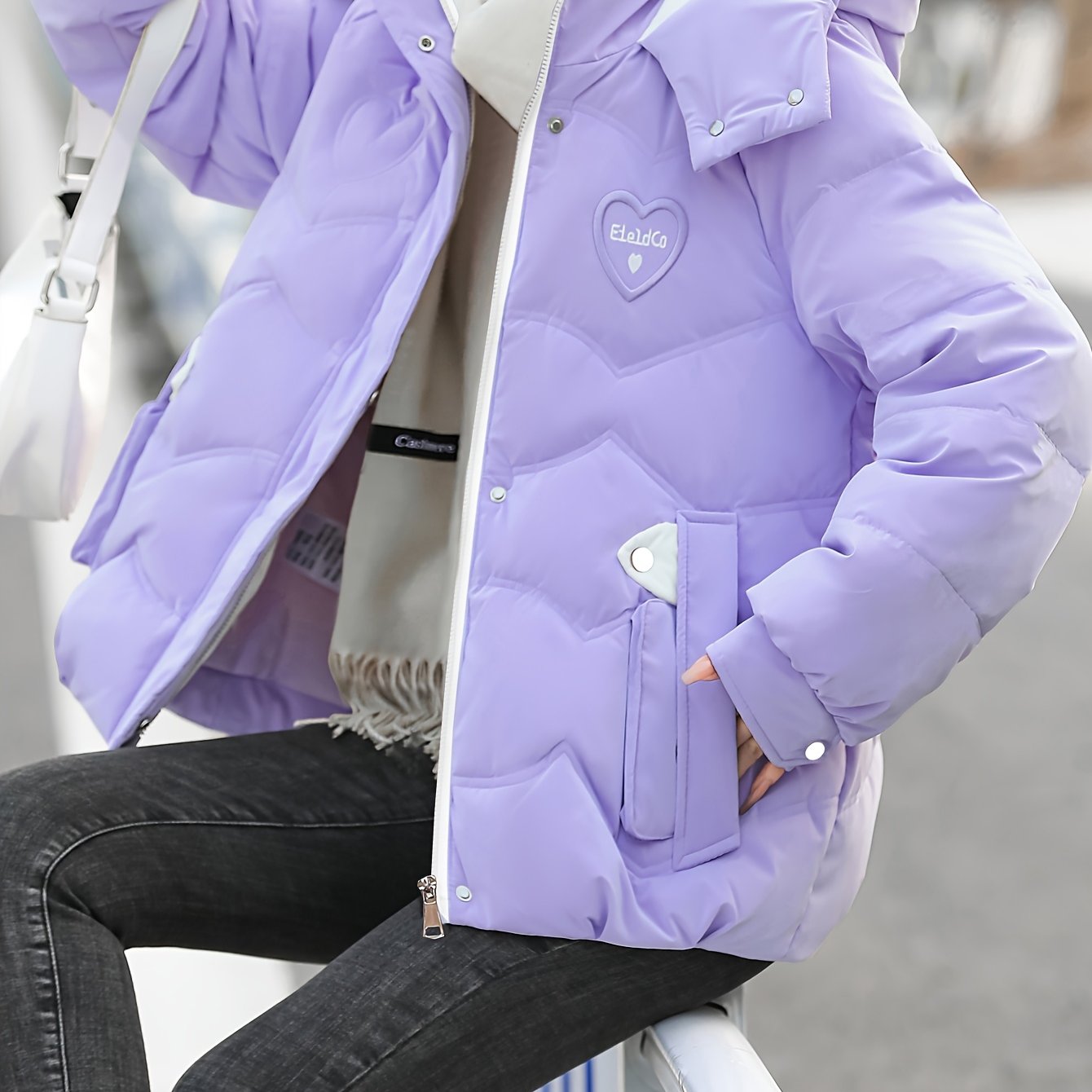 Chic Winter Hooded Jacket - Cozy Beige & White Design