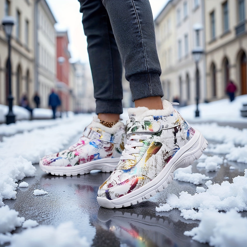 Botas de neve de inverno de pelúcia para mulheres - Salto médio acolchoado e grosso, bico redondo e fecho, padrão floral vibrante, forro de lã quente, perfeitas para ocasiões casuais e formais, botas de neve para mulheres, calçado formal, calçado com padrão decorativo, sola de EVA durável