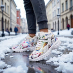 Botas de neve de inverno de pelúcia para mulheres - Salto médio acolchoado e grosso, bico redondo e fecho, padrão floral vibrante, forro de lã quente, perfeitas para ocasiões casuais e formais, botas de neve para mulheres, calçado formal, calçado com padrão decorativo, sola de EVA durável