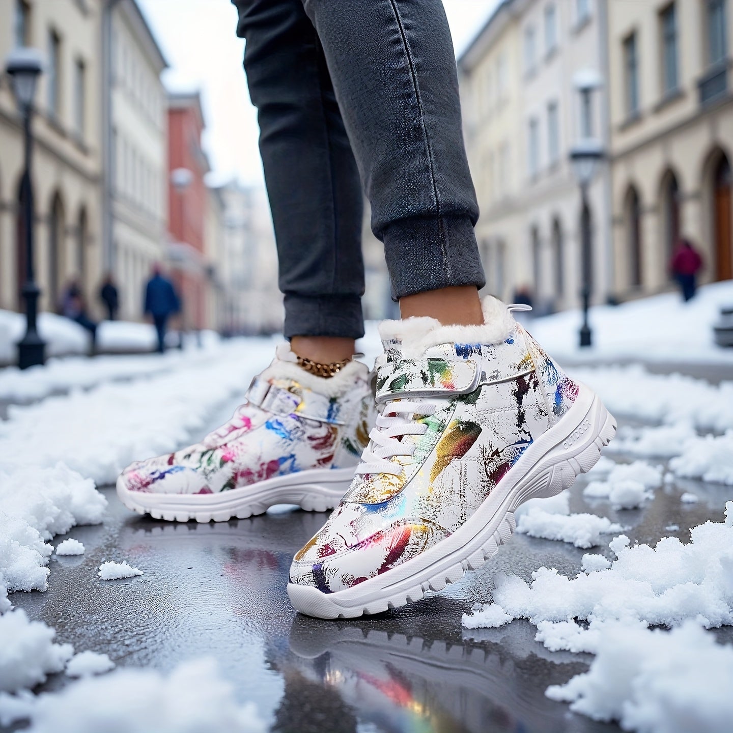 Botas de neve de inverno de pelúcia para mulheres - Salto médio acolchoado e grosso, bico redondo e fecho, padrão floral vibrante, forro de lã quente, perfeitas para ocasiões casuais e formais, botas de neve para mulheres, calçado formal, calçado com padrão decorativo, sola de EVA durável