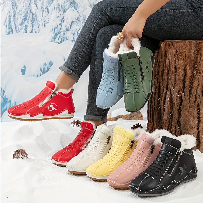 Botas de Inverno Femininas com Forro de Pelúcia, Fechamento de Zíper/Laço, Bico Redondo, Sola Baixa, Casual, Adequadas para Uso Diário, Lavável na Máquina, Espessura Aumentada - Cor Sólida (Tornozelo e Cano Curto)