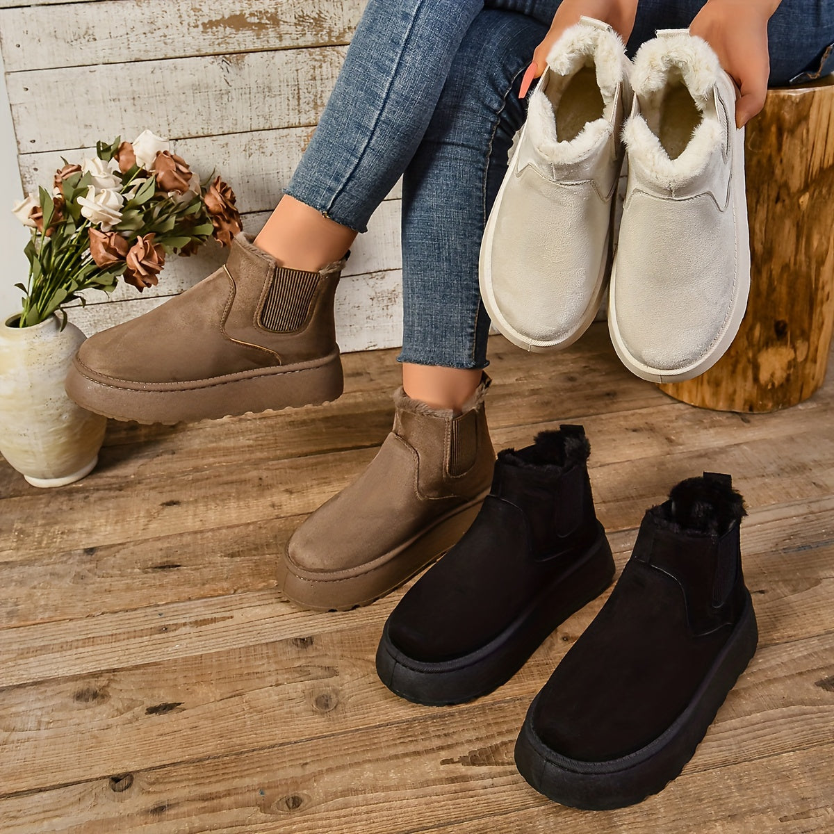 Botas de tornozelo femininas resistentes apresentam um pescoço macio e felpudo para um visual confortável e elegante. Disponíveis em khaki, preto e cinzento escuro, essas botas de inverno são perfeitas para mulheres. A fechadura de atacadores e design tornam-nas fáceis de usar. O bico arredondado e design de deslizamento tornam-nas confortáveis e presentes para mulheres. A sola elevada é durável e resistente à abrasão. São perfeitas para férias diárias e outras atividades fashionáveis.