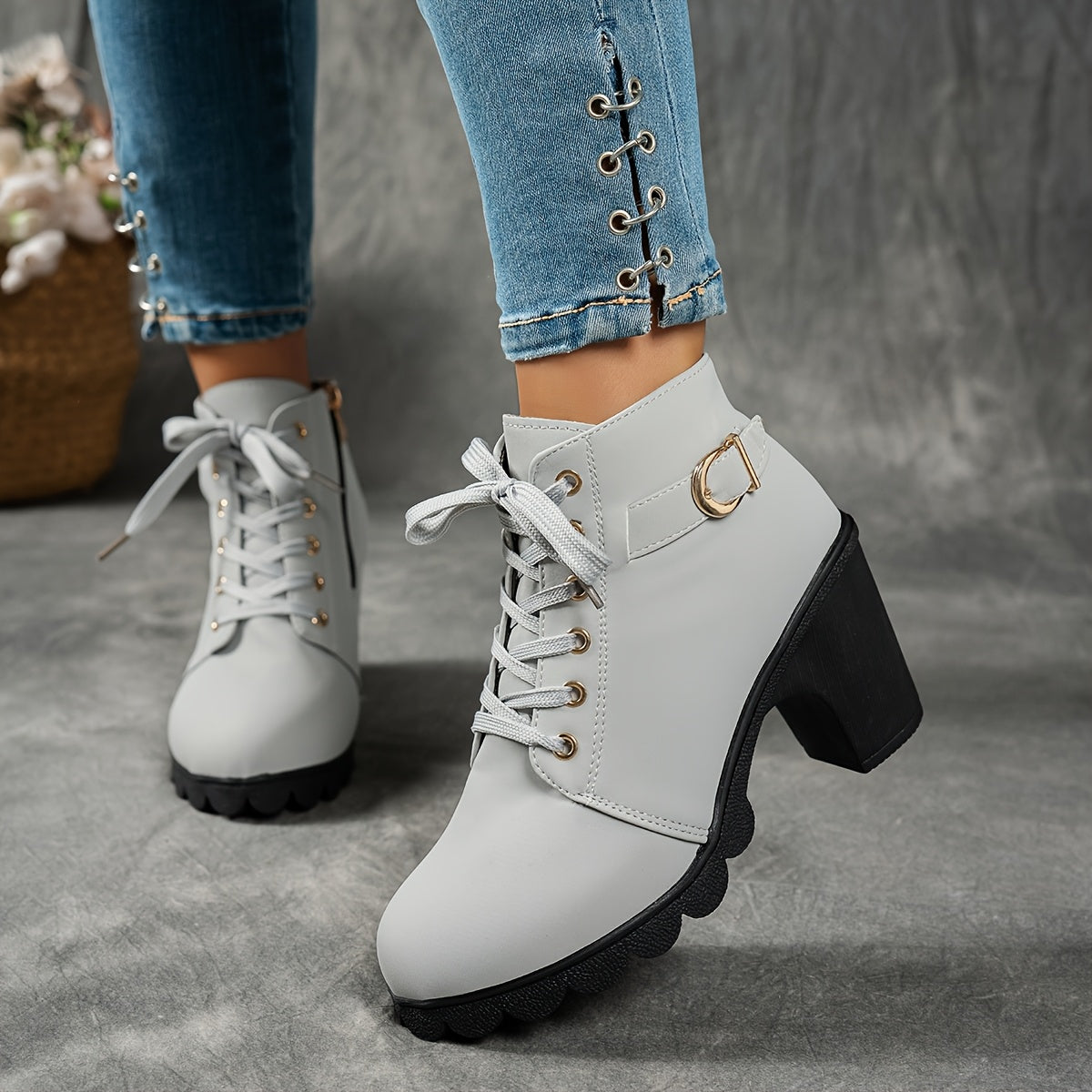 MagiMoBo Botins de Salto Médio para Mulher | Confortáveis em Sintético com Design de Fivela Decorativa, Sapatos Casuais para Todas as Estações, Salto Bloco, Fecho de Zíper