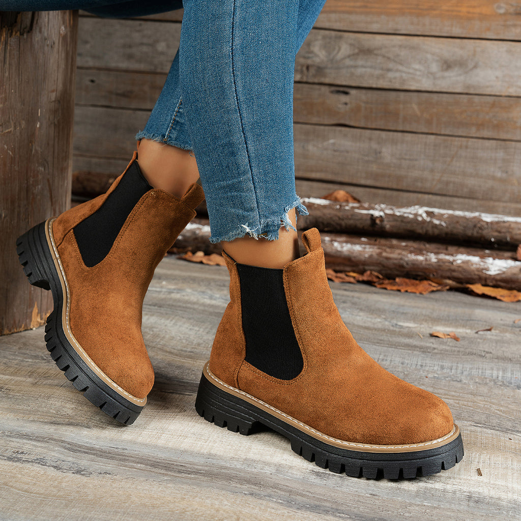 Botins de Salto Alto com Plataforma Grossa para Mulher com Salto de Plataforma Espessa - Sola Antiderrapante, Biqueira Redonda e Forro, Botas Casuais para Todas as Estações em Castanho, Versátil para Jeans e Vestidos, Botas Grossas, Botas Elegantes, Moda Mulher