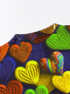 Tamanho Grande - Camisola Elegante Feminina com Padrão de Corações | Época de Outono, Gola Redonda, Manga Comprida, Corte Oversize, Pulôver com Estampado Digital