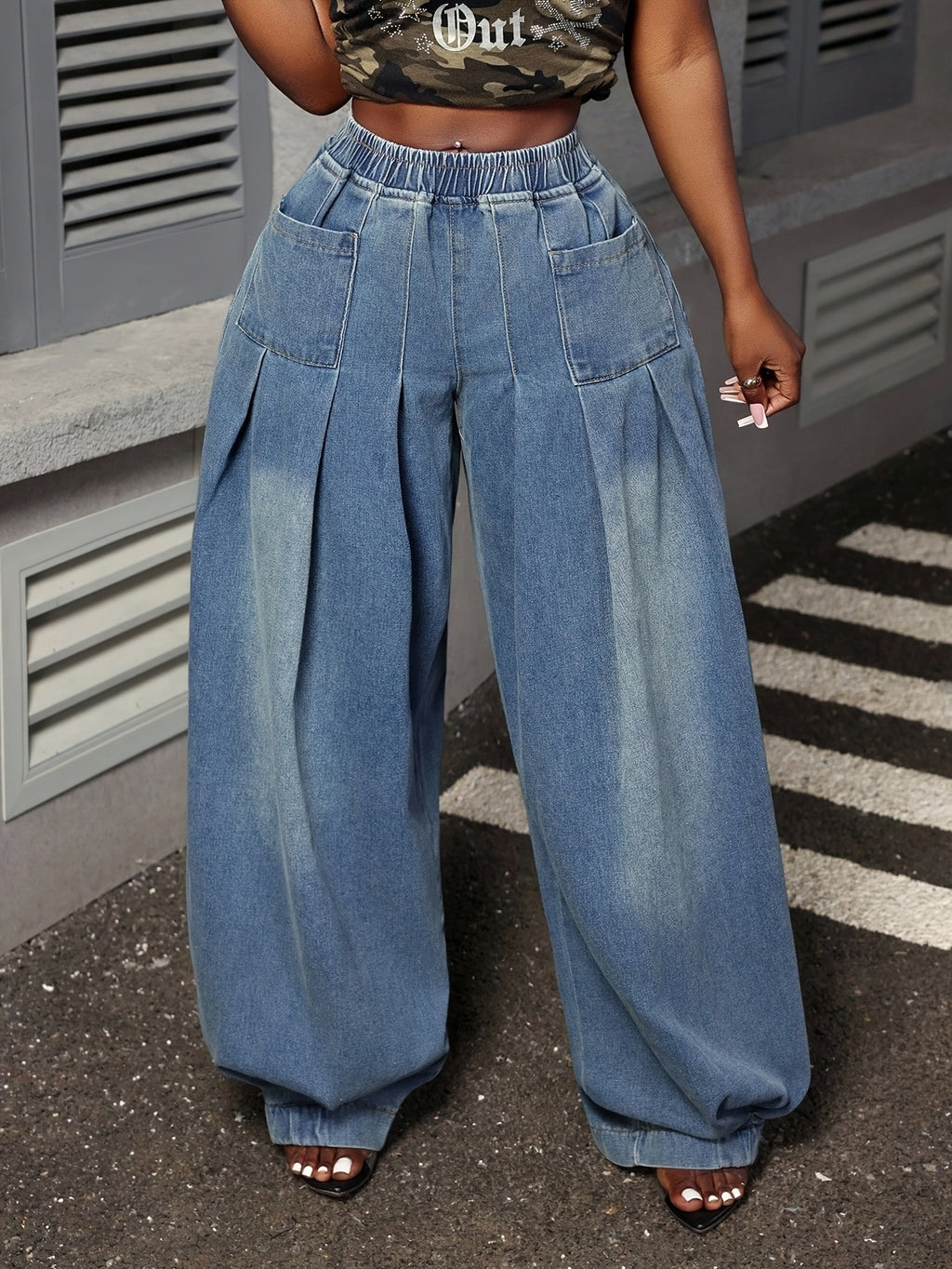 Jeans Elegantes e Largos para Mulher | Para Todas as Estações, Cor Lisa, Tecido Ligeiramente Elástico, Design Moderno e Elegante