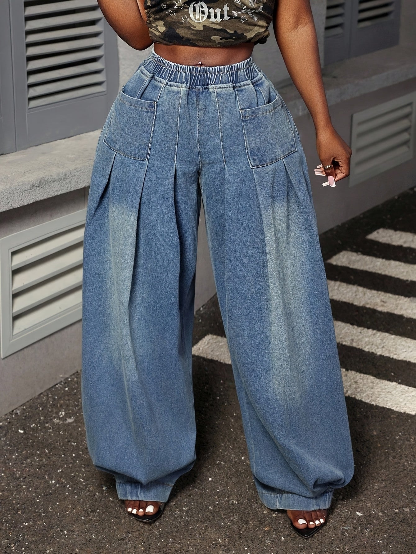 Jeans Elegantes e Largos para Mulher | Para Todas as Estações, Cor Lisa, Tecido Ligeiramente Elástico, Design Moderno e Elegante