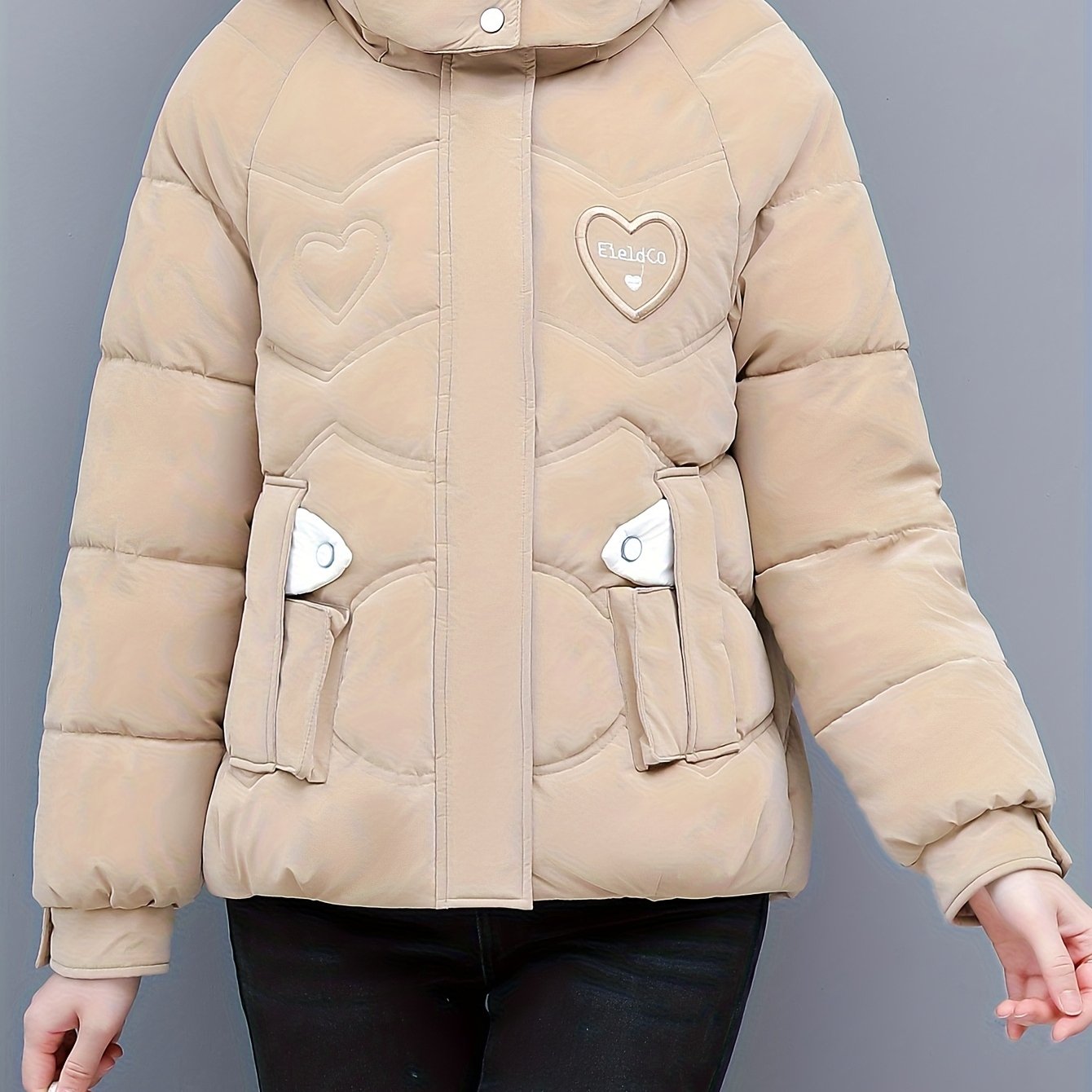 Chic Winter Hooded Jacket - Cozy Beige & White Design