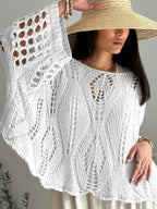 Plus Size, Top Casual Feminino com Recorte Geométrico e Manga 3/4 - Cobertura Protetora Solar Solta para Primavera/Verão, Roupa de Praia Translúcida e Respirável, Camada de Proteção Solar, Estampa Crochê, Tecido Lavável à Mão, Elasticidade Média