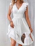 Vestido de cintura franzida oca em forma de A, Vestido de férias com decote em V e mangas com folhos para a primavera e o verão, Roupa de mulher para casamentos, formaturas, noivados, ocasiões especiais, festas, férias e aniversários