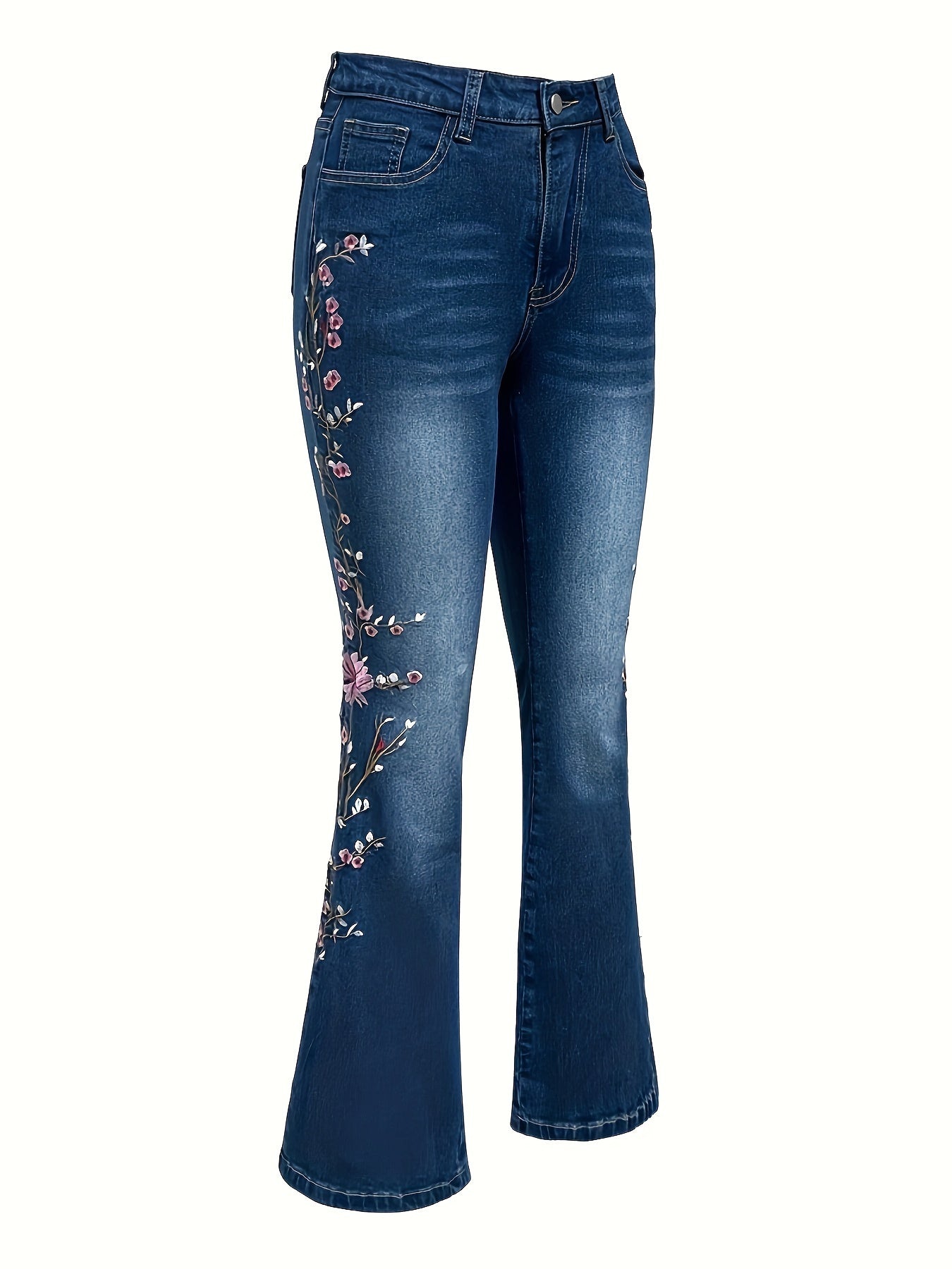 Calças de ganga azul vintage com bordado floral para mulheres - Denim elástico com design floral intrincado em rosa e vermelho, cintura alta, roupa casual para todas as estações, calças de ganga de cintura alta