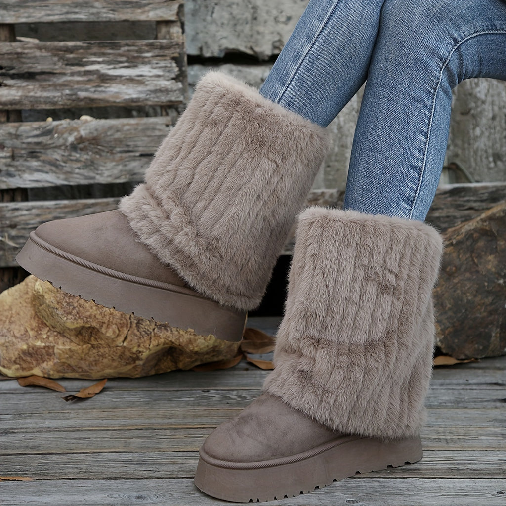 Botas de Inverno Femininas Plus Size com Gola e Borda Pelúcia - Solado Alto/Curso (Ajustável) para Neve, Cano Curto ou Longo em Bege Faux-Fur & Soleira Antiderrapante – Calçados Aconchegantes contra o Frio, Botas de Inverno para Mulheres, Roupas de Inverno para Mulheres, Botas, Botas de Neve para Mulheres, Roupas de Inverno para Mulheres, Botas para Mulheres de Inverno, Bota Feminina, Botas de Neve para Mulheres, Roupas de Inverno Femininas, Botas para Mulheres Tamanho Plus,