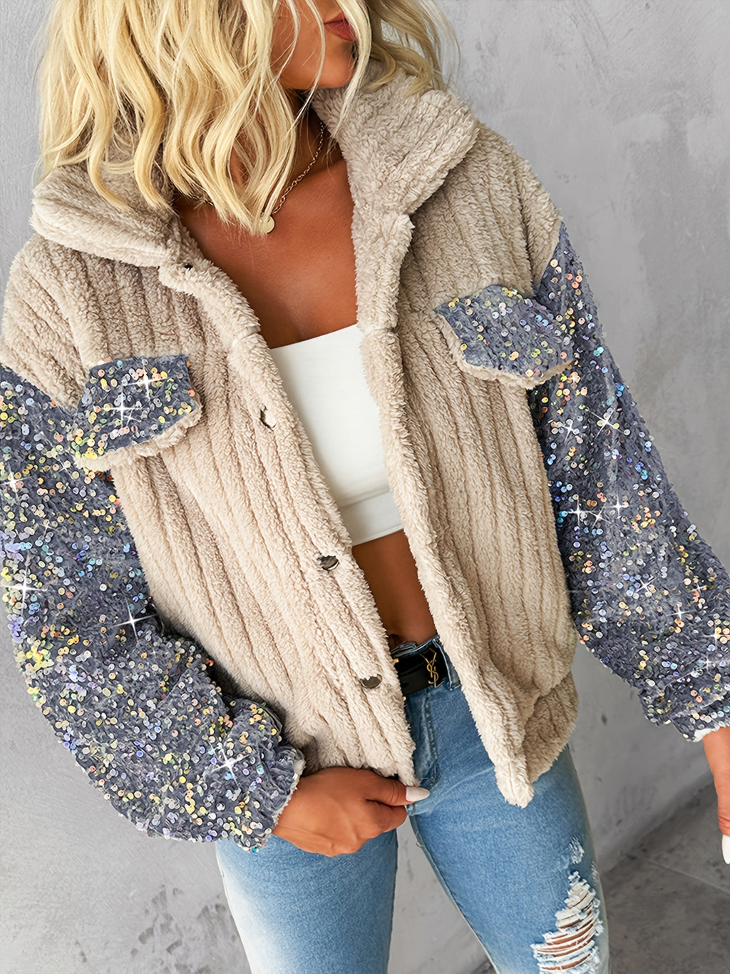 CHICME Casaco de Pelúcia Feminino em Imitação de Pele com Detalhes de Lantejoulas - Elegante Casaco de Manga Comprida com Gola de Lapela e Várias Cores, Roupa de Exterior de Inverno Lavável à Máquina para Outono/Inverno