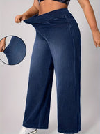 Jeans de ganga elásticos de cintura subida para mulher | Casual, para todas as estações, perna larga, elegantes, com bolsos
