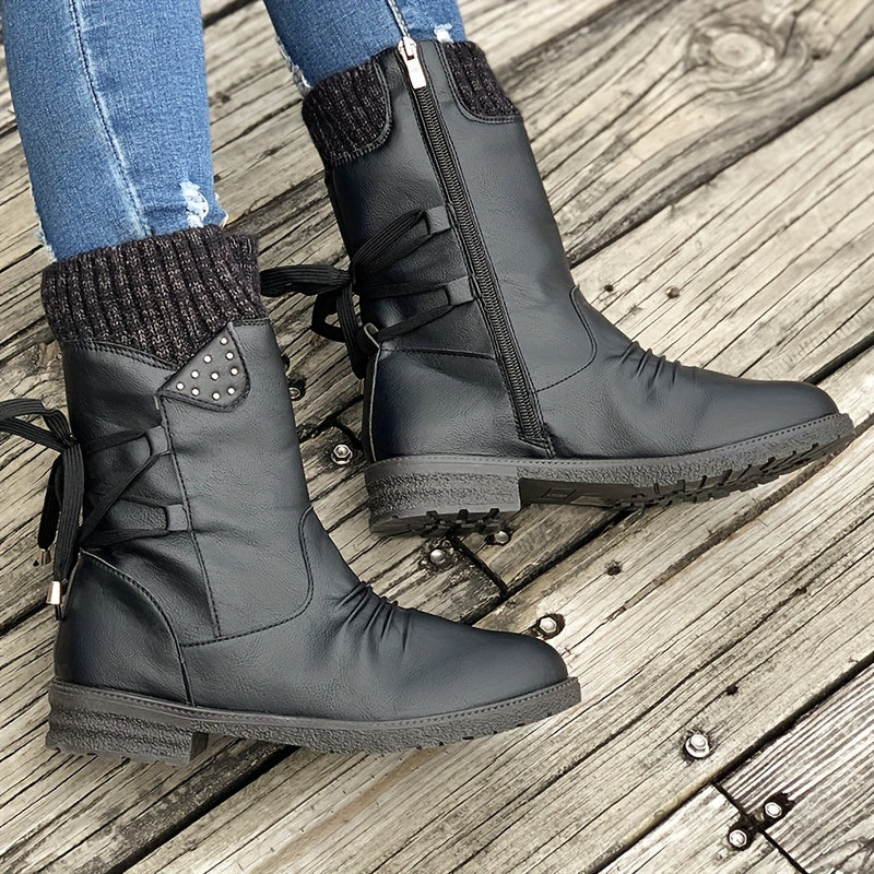 Botas Vintage Clássicas e Elegantes de Cano Médio. Design de Cano Elástico com Ajuste de Cadarço para Tamanhos Plus Size. Disponíveis em Várias Cores: Cinza, Preto, Caqui, Azul, Roxo. Botas de Cano Curto com Bico Redondo para o Outono, um Presente Adorável para Mulheres. Leves e Confortáveis para o