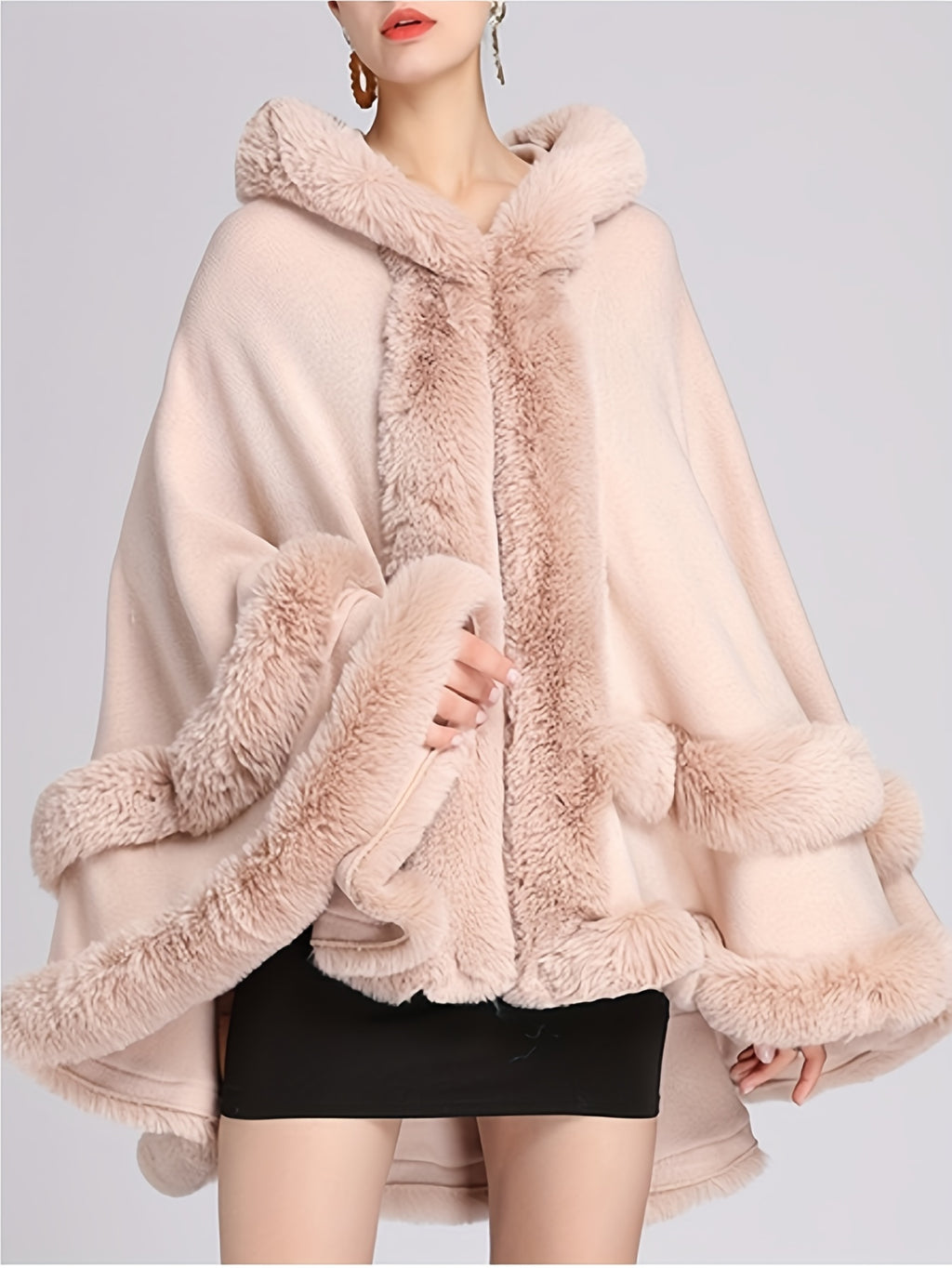 Cardigan com Capuz Estilo Cape Forrado em Pele Sintética para Mulheres - Casaco Grande e Aberto de Pelúcia Borgonha para Clima Frio, Elegância Inspirada no Oriente Médio, Somente Limpeza a Seco, Casacos de Inverno Femininos, Vestuário para Tempo Friíssimo, Roupa Externa Estilo Cape, Casaco de Tecido Luxuoso