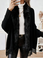 1pc Casaco Cardigan Poncho de Mulher com Gola de Pelo Sintético e Mangas Morcego | Cor Sólida com Borlas, Acabamento de Pelo Fofinho, Estilo Europeu Elegante, Casaco de Camisola Quente para Outono/Inverno, 70% Acrílico 30%, Lavar à Mão, Ideal para Deslocações e Uso Doméstico