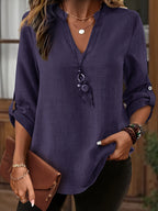 Camisa de Imitação de Denim Cinza Claro Plus Size Feminina - Blusa Elegante Casual de Manga Longa e Gola Redonda, Lavável à Máquina para Primavera/Verão, Design Minimalista, Textura Semelhante a Linho, Tecido Não Transparente, Combinável com Leggings, Material Respirável, Estilosa