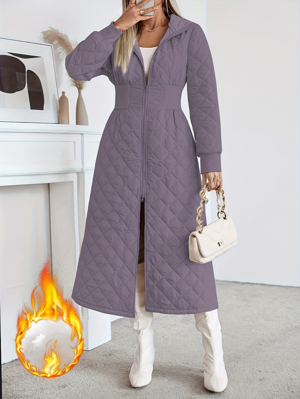 Casaco Longo de Quilting Elegante para Mulheres - Cor Sólida Manga Longa Inverno Quente com Bolsos, Design com Capuz, Comprimento Regular, Sem Cinto, Perfeito para Vestidos Casuais ou Elegantes, Casaco de Inverno, Casaco de Inverno para Mulheres