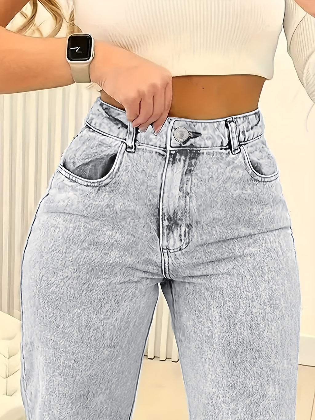 Calças Jeans de Cintura Alta e Perna Larga - Lavagem Marrom, Modelo Reto com Fechamento por Botão (Sem Cinto), Casual a Formal para Todos os Estilos do Ano em Cor Sólida Elegante Para Noite & Dia-a-Dia (Lavável na Máquina)