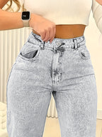 Calças Jeans de Cintura Alta e Perna Larga - Lavagem Marrom, Modelo Reto com Fechamento por Botão (Sem Cinto), Casual a Formal para Todos os Estilos do Ano em Cor Sólida Elegante Para Noite & Dia-a-Dia (Lavável na Máquina)