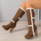 Botas de Neve de Inverno para Mulheres com Gola Falsa & Pelúcia - Salto Grosso Bloco, Sola Grossa de TPR, Fechamento com Zíper e Bico Redondo - Botas de Salto Alto Pretas e Brancas com Bico Redondo para Gelo e Neve (Somente Limpeza a Seco)