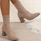 Botas Femininas De Malha De Cor Sólida, Botas Confortáveis ​​e Respiráveis ​​de Salto Grosso, Botas Finas Elásticas De Inverno