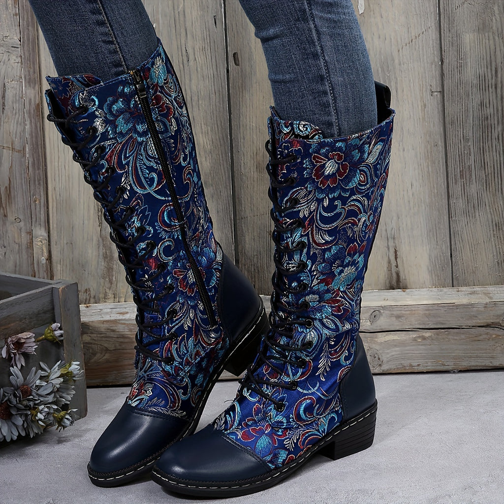 Botas Femininas Chinesas com Bico Redondo e Salto Baixo - Fechamento com Zíper - Botas de Tecido Adequadas para Looks Casuais, Elegantes e Informais - Estampa de Flor Chinesa