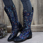 Botas Femininas Chinesas com Bico Redondo e Salto Baixo - Fechamento com Zíper - Botas de Tecido Adequadas para Looks Casuais, Elegantes e Informais - Estampa de Flor Chinesa