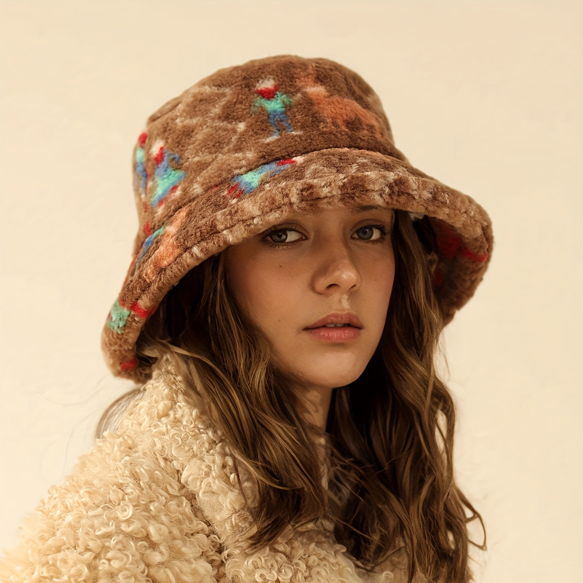 1pc Chapéu de Pescador Feminino - Chapéu Balde Leve e Quente para o Inverno com Estampa Aleatória, Pele Sintética Macia, Ajustável 55.88-60.96 cm para Natal & Uso Diário, Design Facial, Chapéus de Inverno, Acessório Festivo, Padrão Tiedye