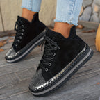 Botas de Inverno com Plataforma Grossa, Decoradas com Strass e Cadarço para Mulheres - Botins Cano Curto em Fleece, Sola Espessa de Borracha Redonda na Ponta, Brilhantes Bota de Neve para Natal, Ano Novo & Clima Frio (Preta) - Estilo Moda Coreana