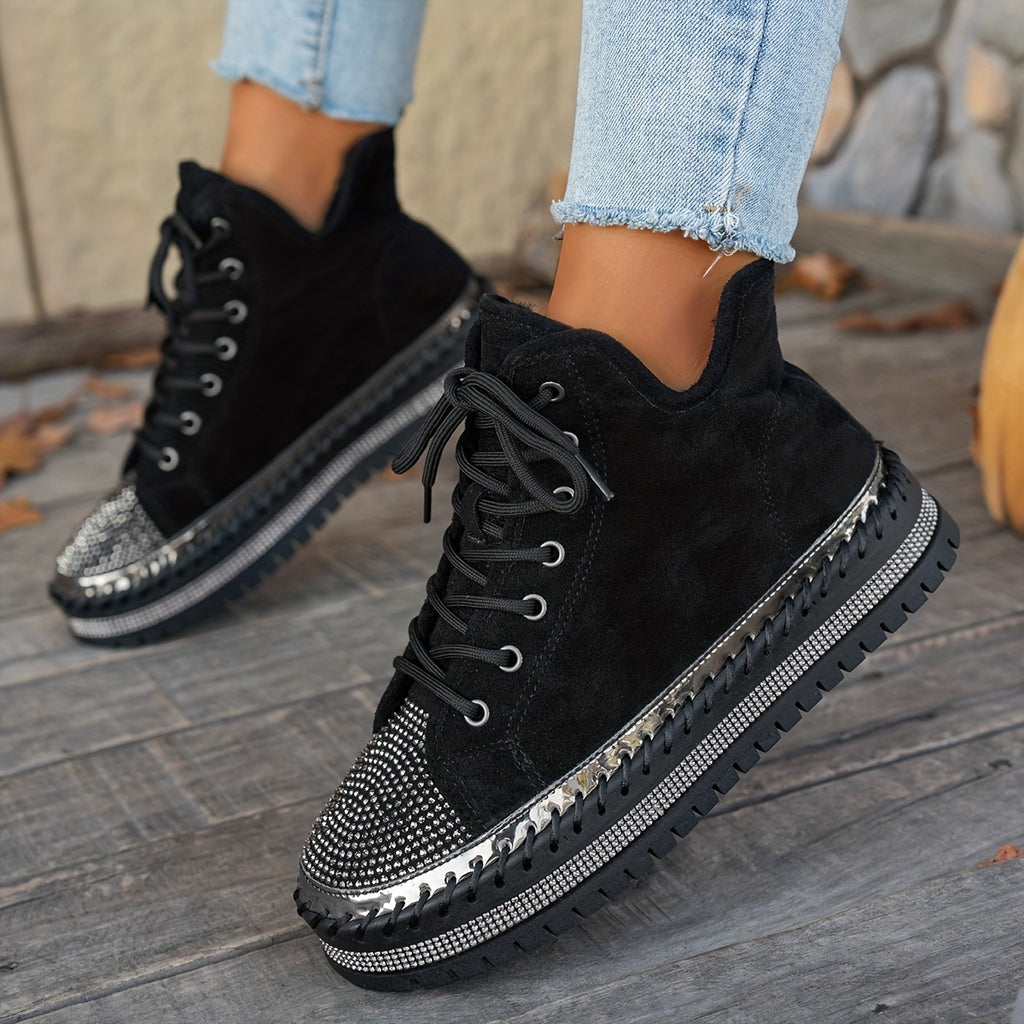 Botas de Inverno com Plataforma Grossa, Decoradas com Strass e Cadarço para Mulheres - Botins Cano Curto em Fleece, Sola Espessa de Borracha Redonda na Ponta, Brilhantes Bota de Neve para Natal, Ano Novo & Clima Frio (Preta) - Estilo Moda Coreana