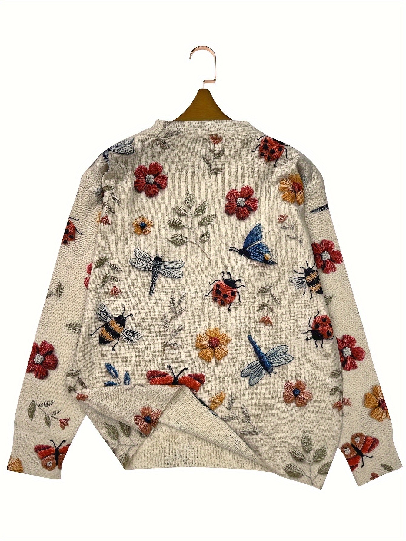 (Impressão Digital 2D) [Estampa Total] [Leve] [Suéter] Suéter de Malha Leve com Estampa Completa de Insetos, Gola Redonda Casual e Manga Longa, Moda Feminina