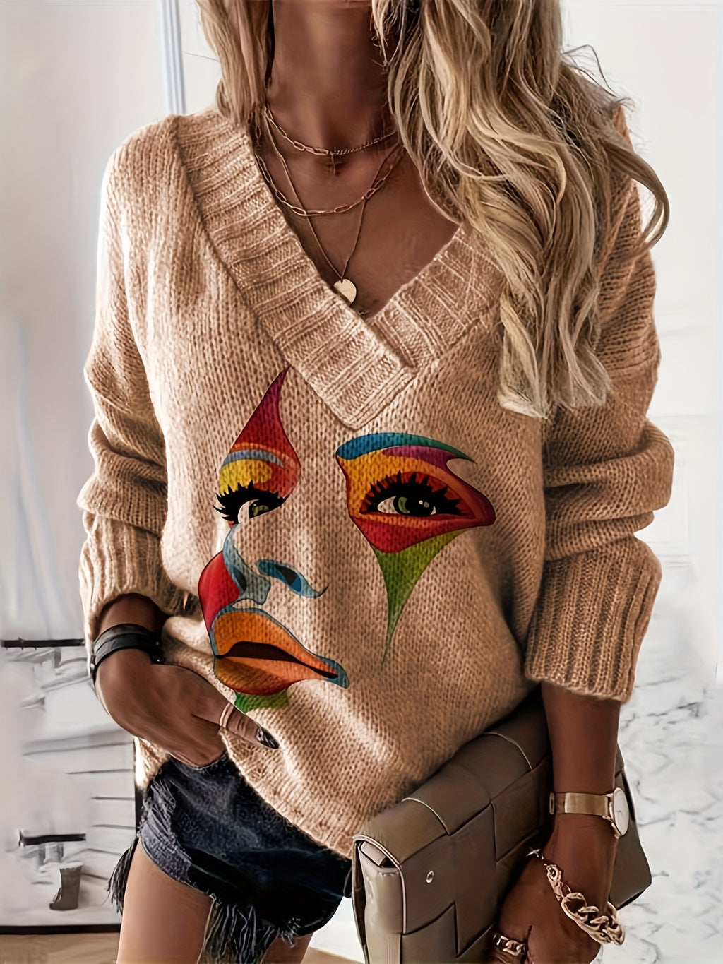 Blusa Casual de Gola V com Estampa em Contraste e Tecido Solto em Estoque