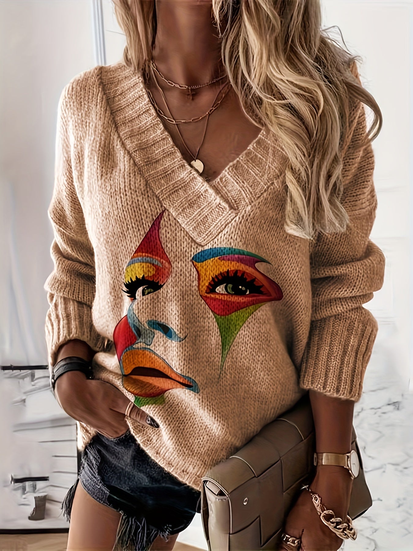 Blusa Casual de Gola V com Estampa em Contraste e Tecido Solto em Estoque