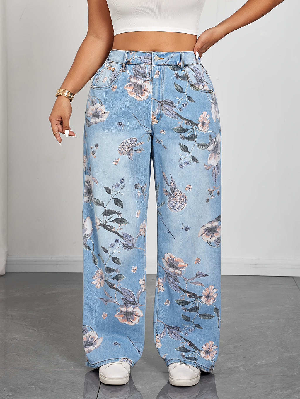 Calças Jeans Femininas com Estampa Floral - Calças de Perna Larga e Elásticas Não Transparentes com Fechamento de Botão, Jeans para Todas as Estações, Tamanho Plus Size, Confortáveis para Looks Casuais e Formais, Elasticidade Média