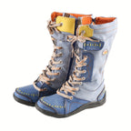 Botas de cano médio TMA EYES 2023 - Estilo ocidental casual, de cor sólida, confortáveis para todas as estações, com fecho de zíper, bico redondo, salto plano, sola TPR, palmilha em tecido, parte superior em imitação de couro de vaca e interior em tecido.