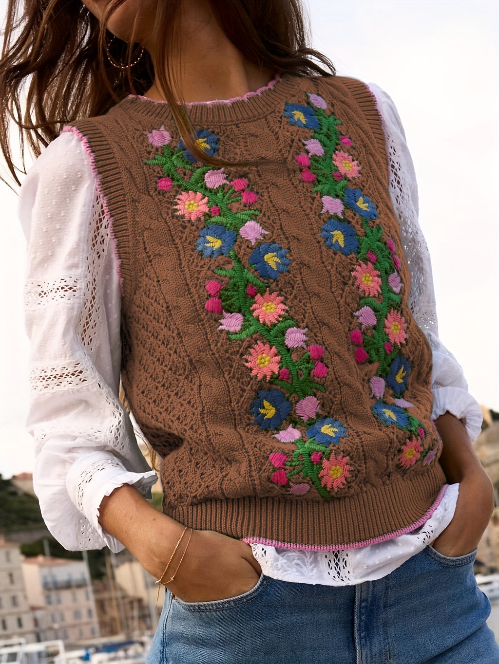 Suéter Feminino Floral - Colete de Malha Elástico, Sem Mangas para Eventos Casuais e Formais, Lavável na Máquina (Verde com Detalhes em Rosa/Azul/Roxo) - Suéter Elegante para Todas as Estações, Blusas Fofas