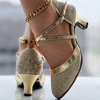 Sapatos De Dança Latina D'Orsay Com Brilho Para Mulheres, Saltos Médios Robustos Com Fivela Cruzada, Sapatos De Dança Elegantes Para Todas As Ocasiões