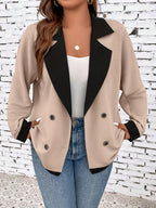 Tamanho Grande - Casaco Casual Feminino Oversize com Abotoadura Dupla e Bloco de Cores para o Dia a Dia