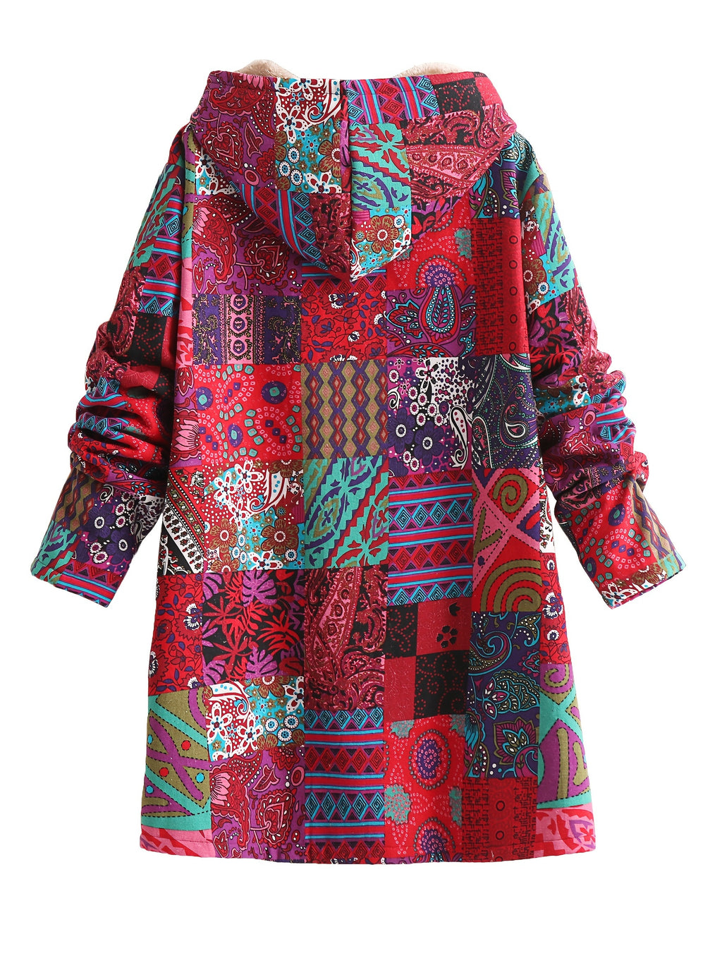 Casaco com Capuz Forrado de Fleece com Estampa Paisley & Floral Colorida - Quente, com Botões, Manga Longa, Roupa de Fora para Mulheres, Lavável à Máquina