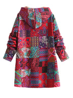 Casaco com Capuz Forrado de Fleece com Estampa Paisley & Floral Colorida - Quente, com Botões, Manga Longa, Roupa de Fora para Mulheres, Lavável à Máquina