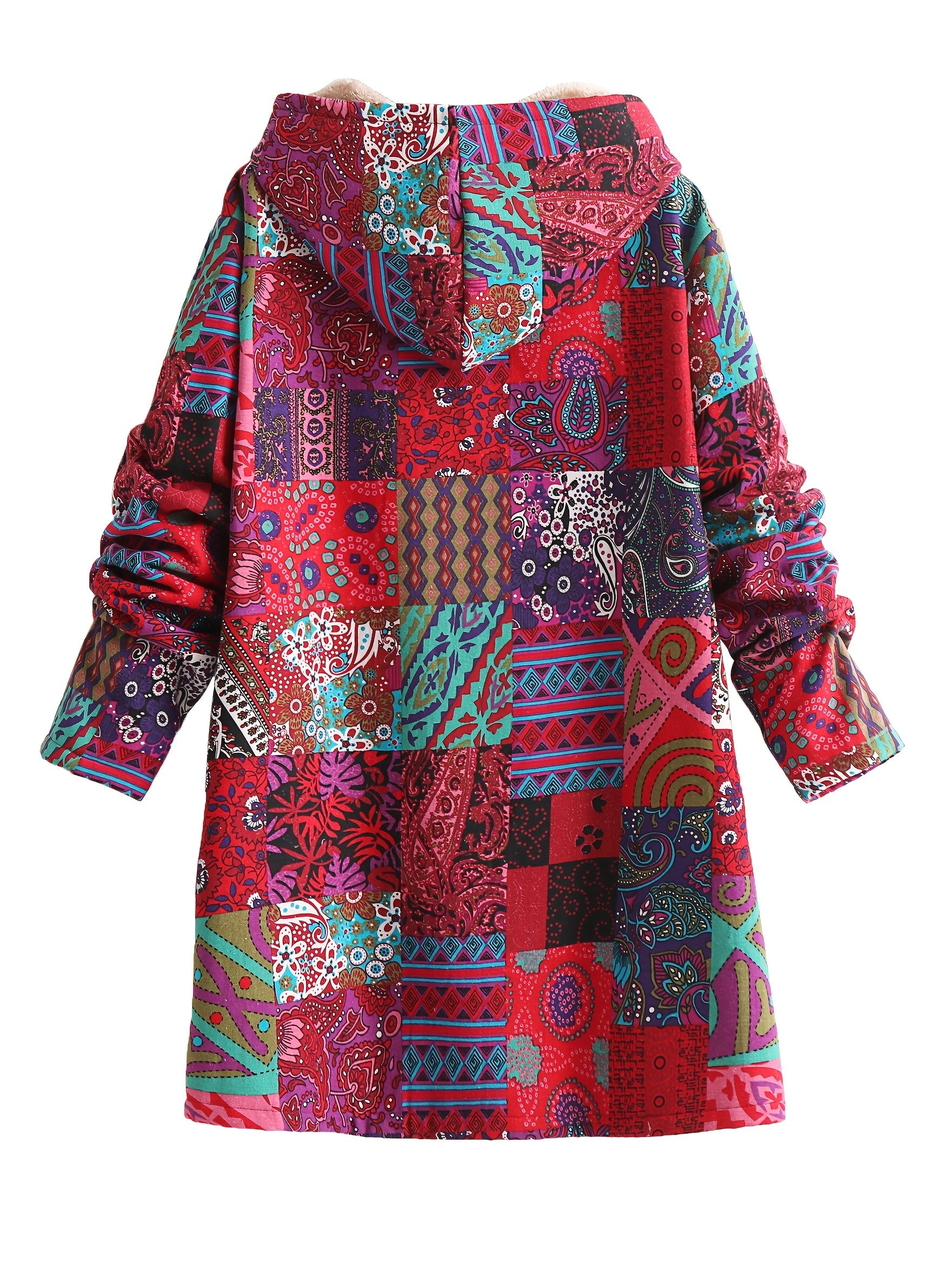 Casaco com Capuz Forrado de Fleece com Estampa Paisley & Floral Colorida - Quente, com Botões, Manga Longa, Roupa de Fora para Mulheres, Lavável à Máquina