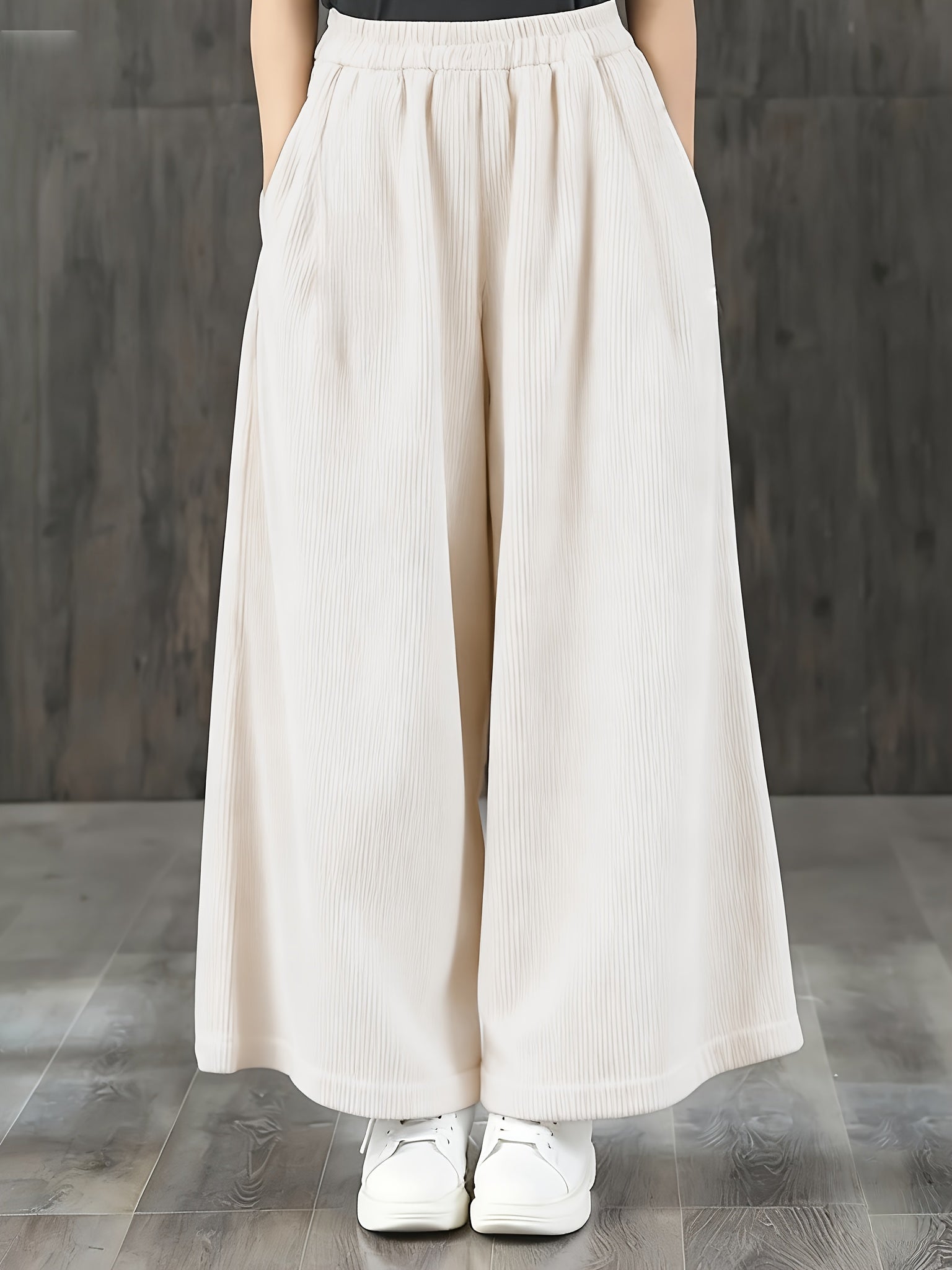 Calças de Bombazine de Perna Larga para Mulher - Calças Casuais de Cintura Elástica com Bolsos, Calças Compridas de Corte Solto para Looks Diários e Formais - Calças Confortáveis para Mulher em Todas as Estações